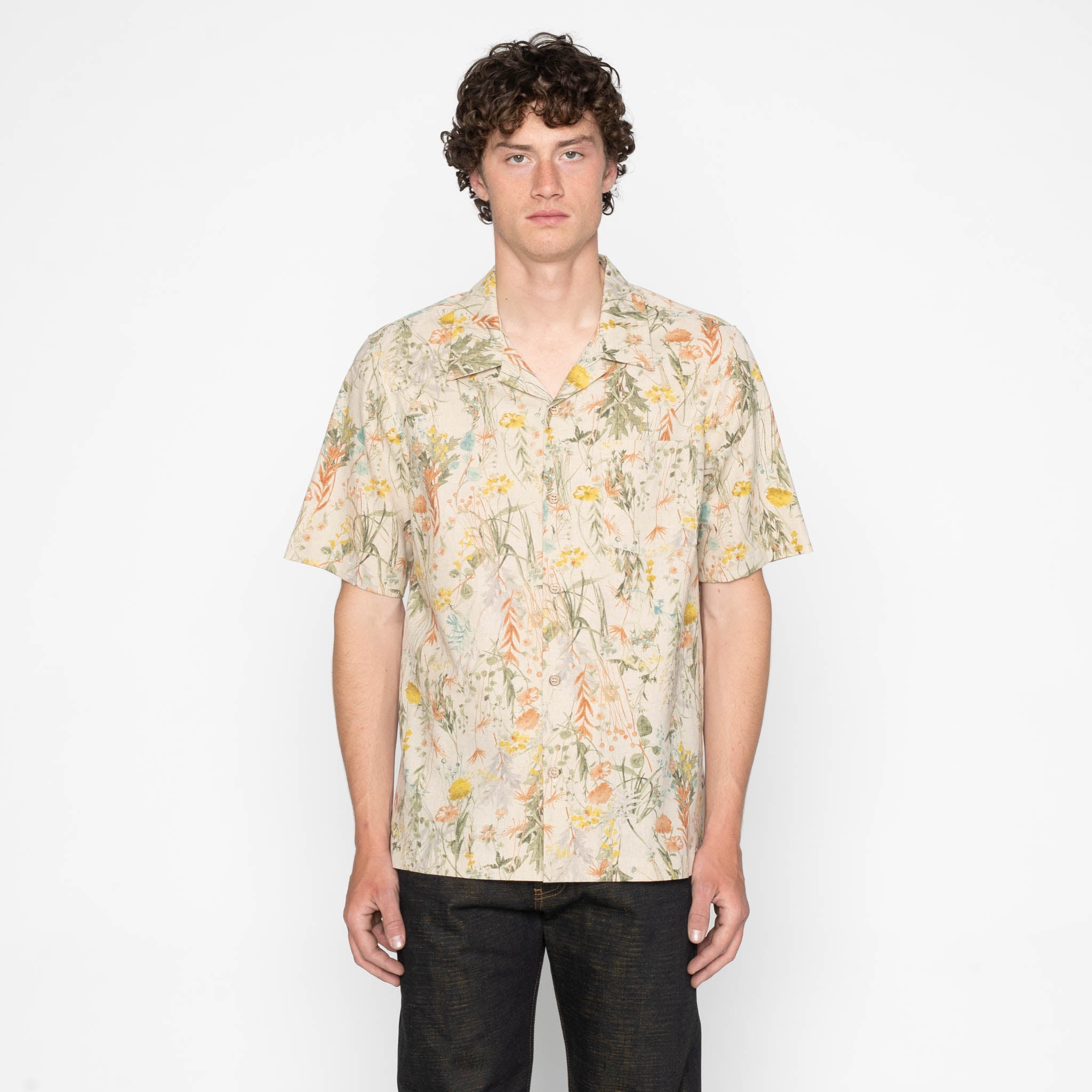 Aloha Shirt - Flowers Painting - Natural by Naked & Famous Denim