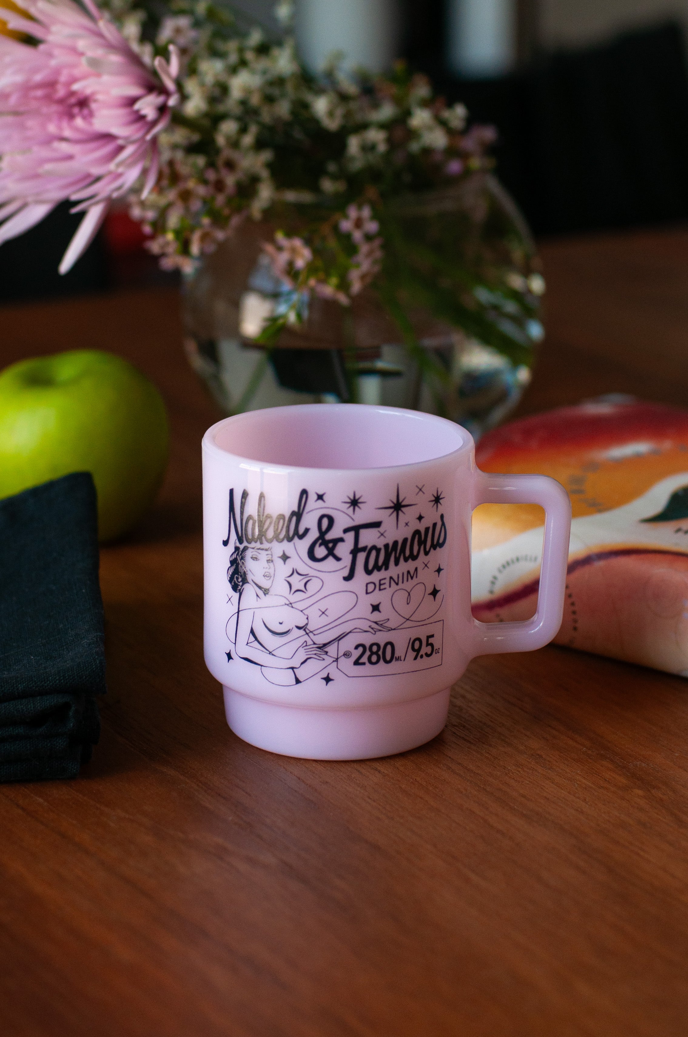 Milk Glass Stackable Mug - Pink With Navy Print