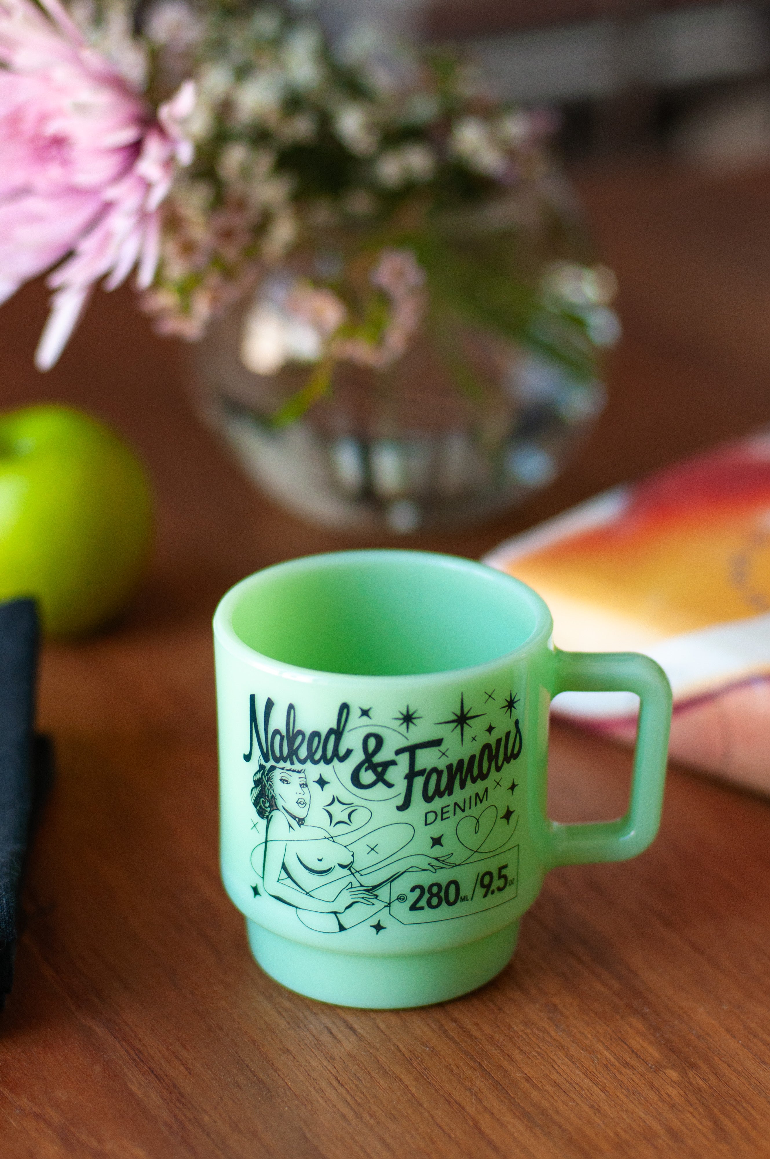 Milk Glass Stackable Mug - Jade with Navy Print